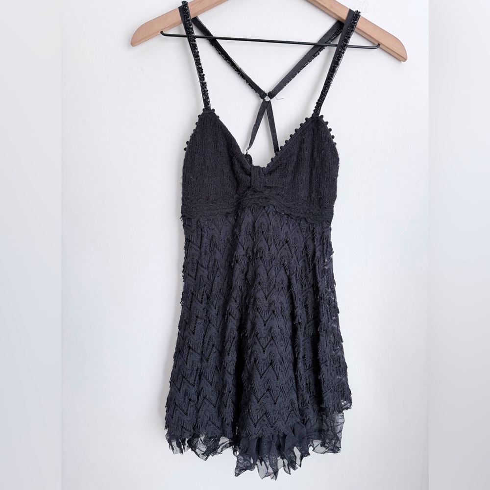 Free people black babydoll tank top beaded spaghetti Mesh trim Y2K goth XS